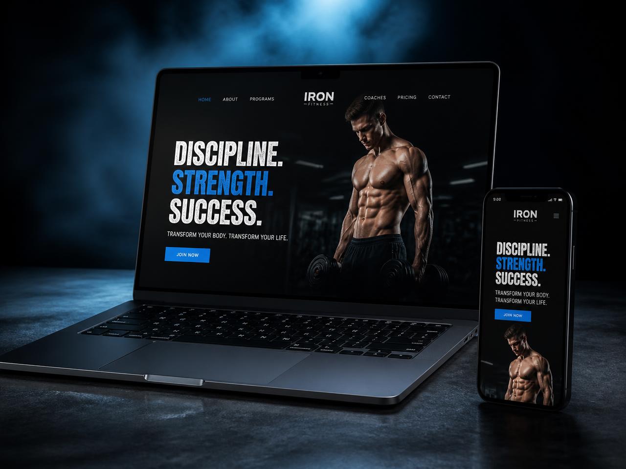 Mockup do projeto demonstrativo de academia — landing page